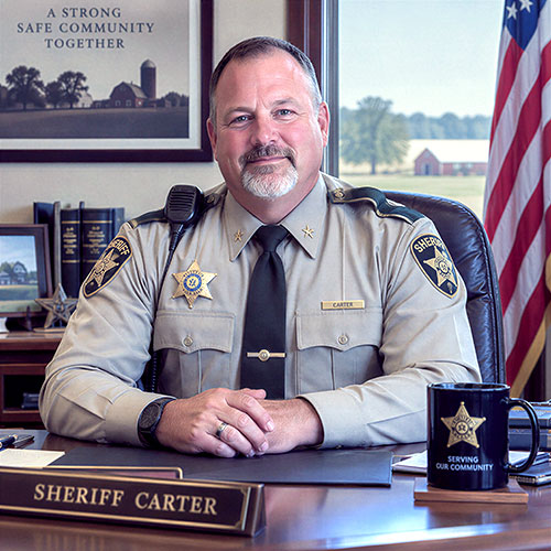 The Sheriff sitting at his office desk, smiling and facing the camera.